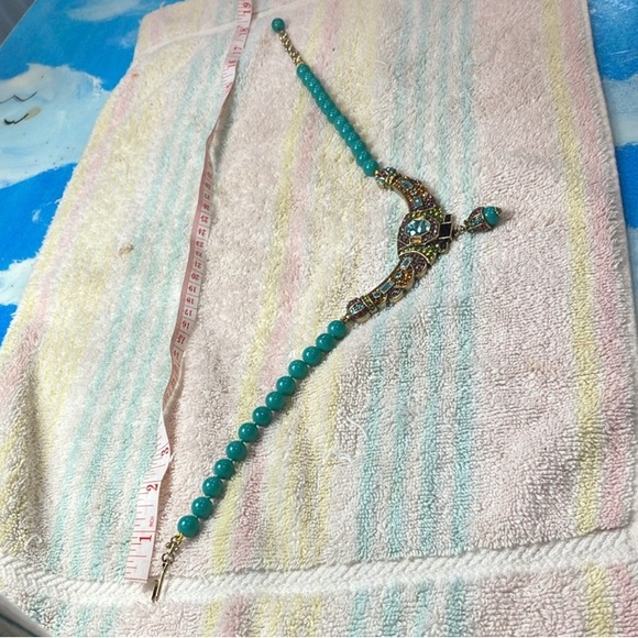 Turquoise Beaded Necklace with Silver Centerpiece and Teardrop Pendant - Picture 2 of 4